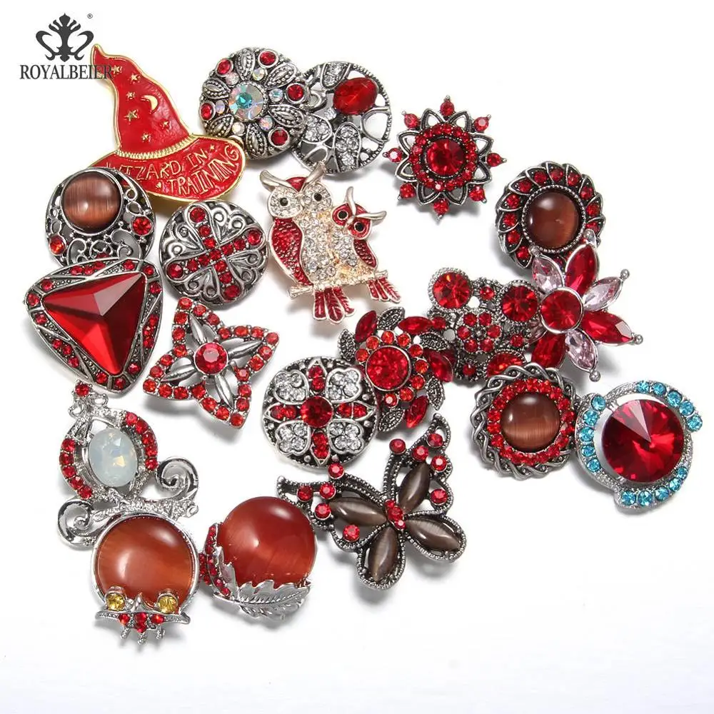 RoyalBeier 20 шт./лот, красные стразы, смешанные стили, металлические пуговицы амулеты, 18 мм, кнопки для 18 мм, застежка браслета ювелирные изделия