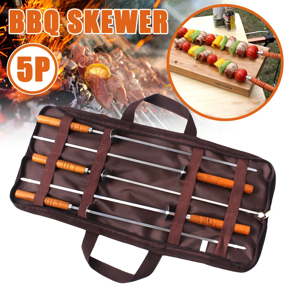 5pcs BBQ Skewer Stainless Steel Shish Kebab Fork Set Long Flat Wood Handle Barbecue Needle Meat Grill Outdoor Tools | Дом и сад