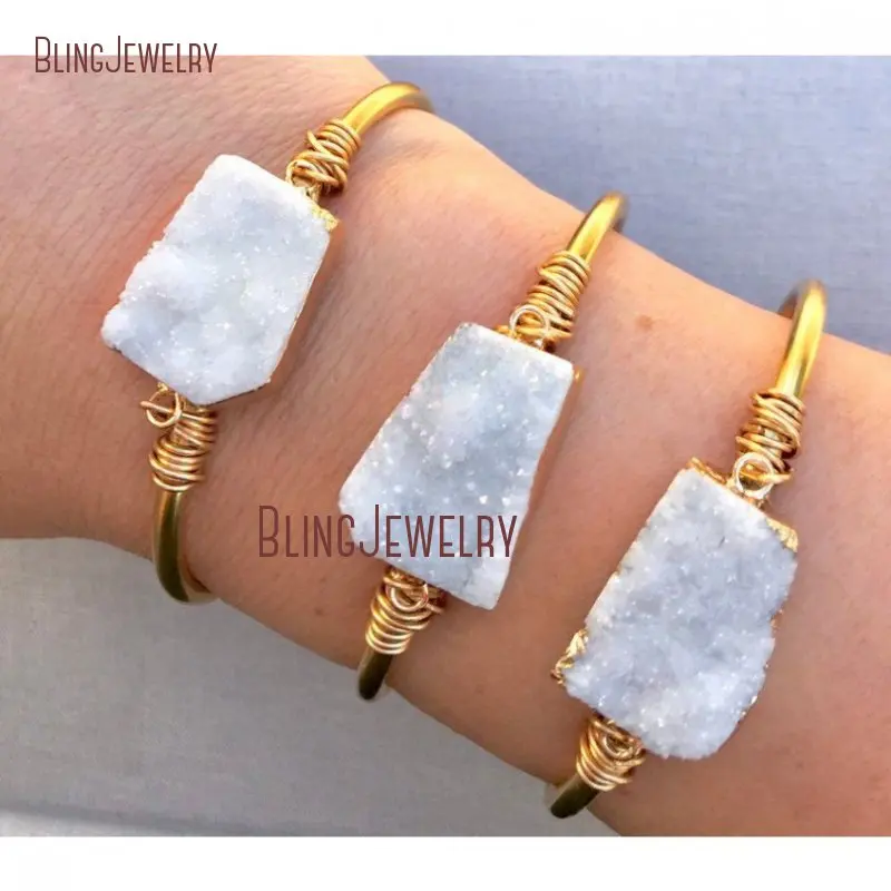 

Boho Chic Open Gold Bangle White Druzy Bracelet Cuff BM27698