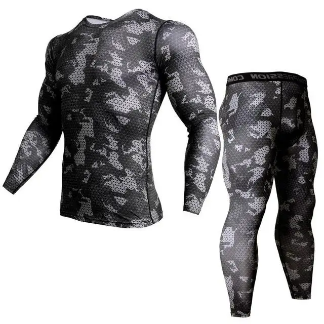 Camouflage suit 7 Мужская брендовая одежда Армейский Камуфляж термобелье спортивный костюм комплект Кроссфит фитнес рубашка мужские леггинсы 2 шт рашгарда ММА - Цвет: Camouflage suit 7