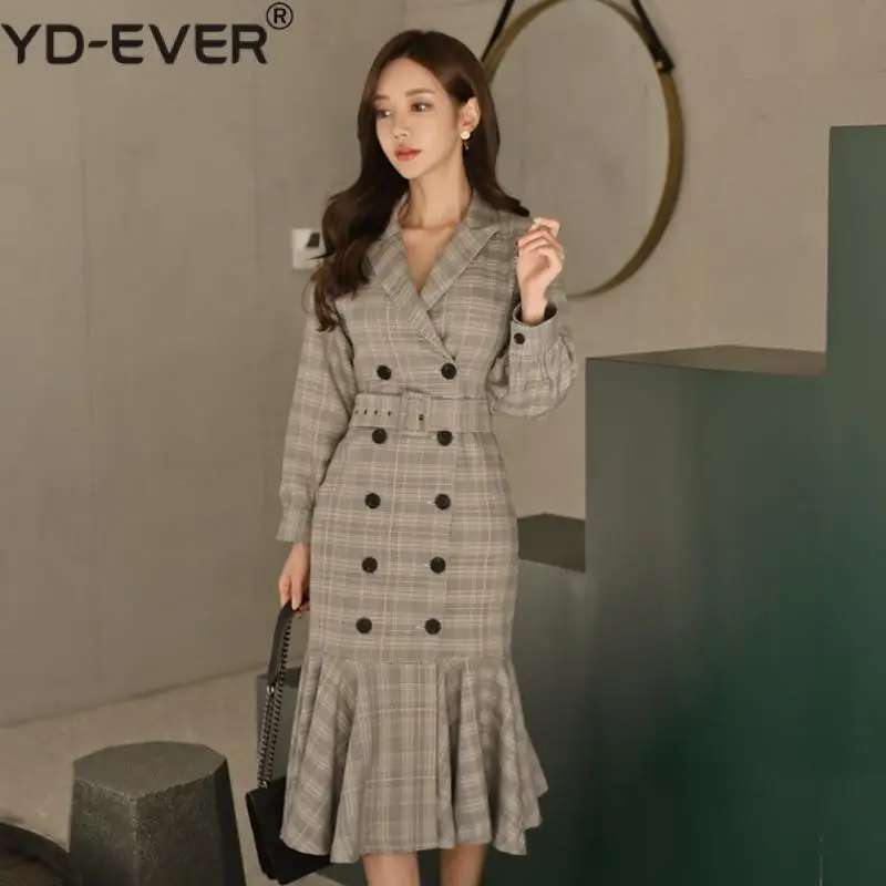 

Autumn Winter Office Ladies Ruffles Plaid Long Women Dress V-neck Double Breasted Sashes Elegant Female Dress Casual Vestidos