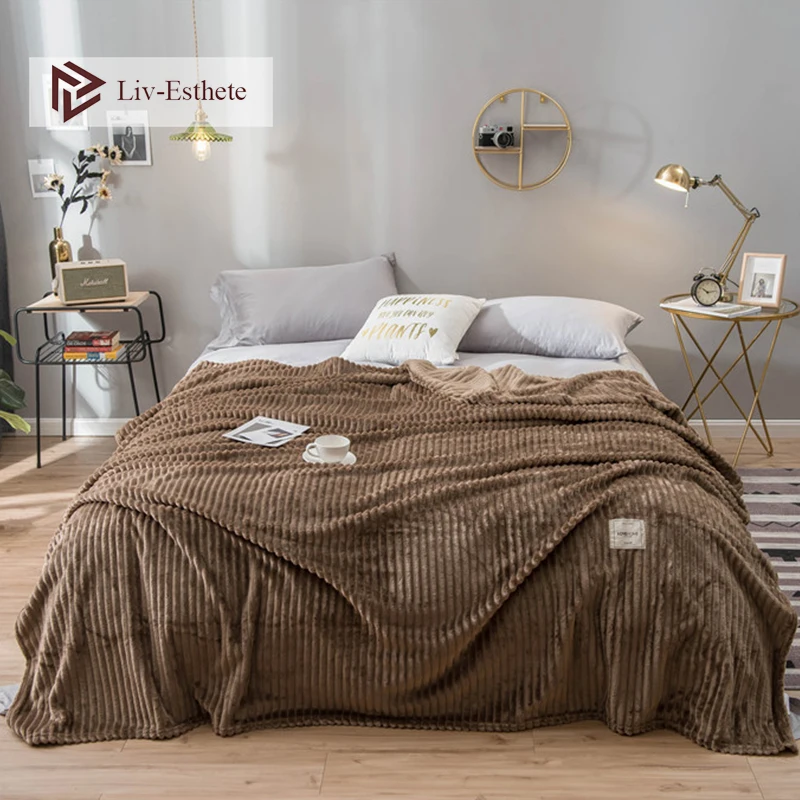 

Liv-Esthete Striped Milk Velvet Coffee Travel Throw Blanket Flannel Blanket Queen King Adult All Season For Sofa Bed Drop Ship