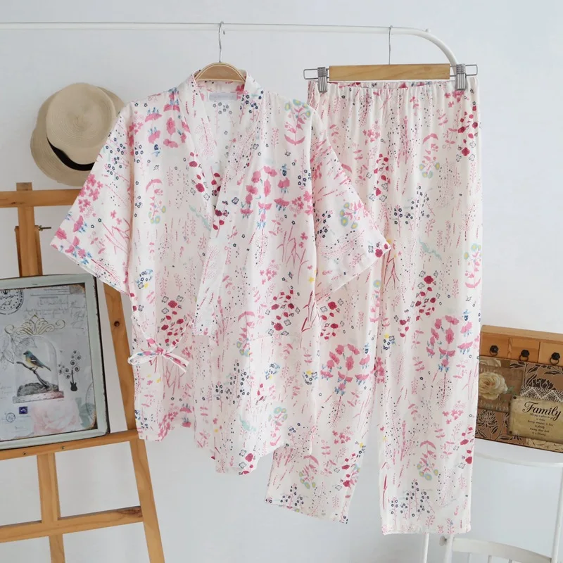 

Summer Women's Pure Cotton Gauze Kimono Thin Short Sleeve Trousers Pajamas Japanese-style Spring And Autumn New Style Home Wear