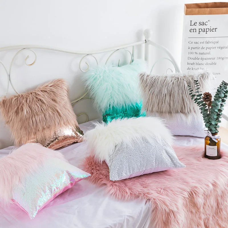 

Sequins Soft Fluffy Cushion Covers Decorative Sofa Pillow Cover Home Pillowcase White Pink Gray Shaggy Fur Cushion Cover