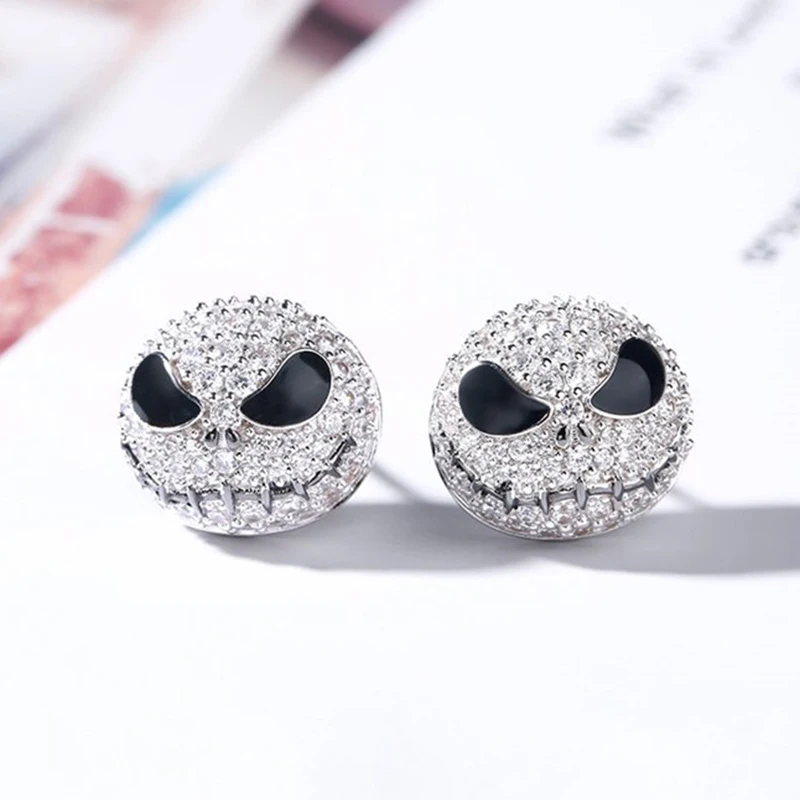 Nightmare Before Christmas Jack skull Silver Circle Crystal Earrings Cartoon Gothic Party Jewelry Skull Stud Earrings Women girl