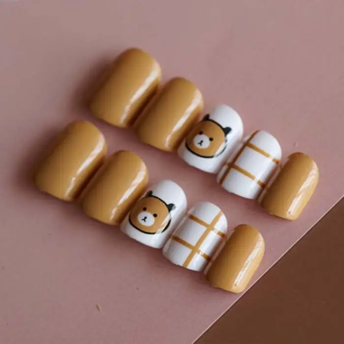 24 шт. коричневый кофе офисный пресс на ногти короткий полное покрытие медведь украшения патч фальшивые ногти аксессуар ежедневного использования с клеем