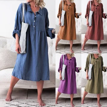 

Currently Available New Style Amazon EBay Hot Selling Europe And America WOMEN'S Dress Loose-Fit Button Mid-length Dress OM9049