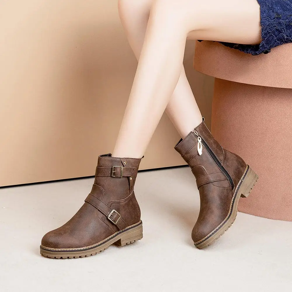 

Autumn Boots Booties Ladies Zipper Round Toe Bootee Woman 2019 Women's Rubber Shoes Rain Chunky Heel Leather Winter Med Rock