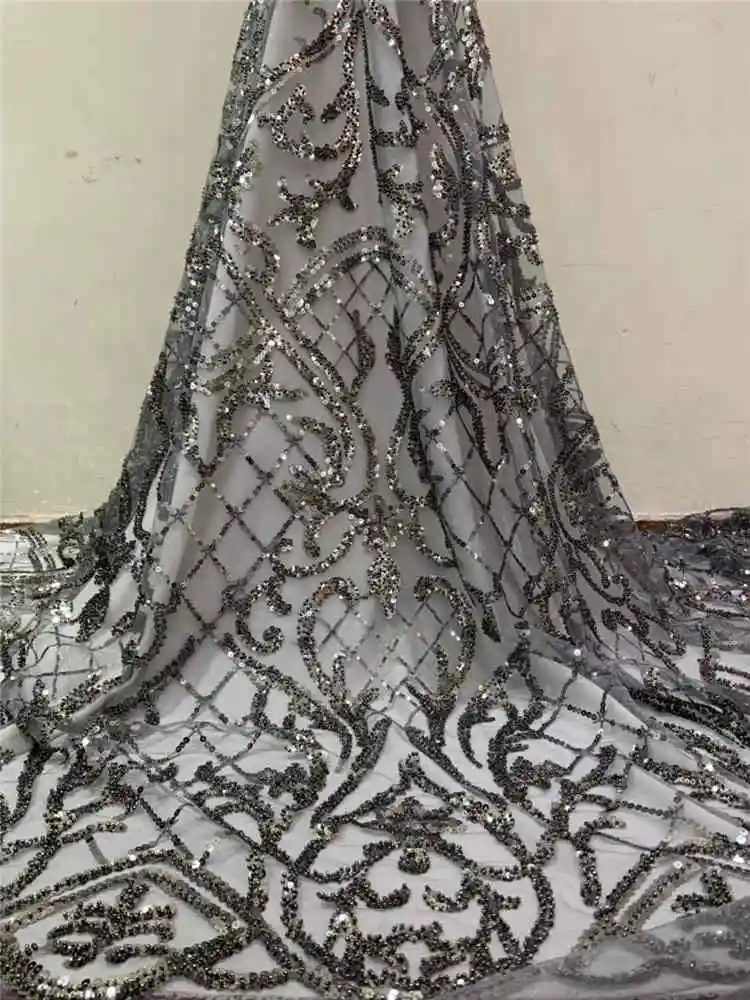 

New arrivals Beaded 3D sequined African lace fabric with biggest stones, hand-made in 2019 royal party dress Winn268r Gray