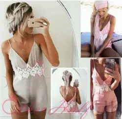 

Fashion Women Ladies Stylish Solid Color Sexy Sleeveless Deep V-Neck Summer Casaul Lace Stitching Strappy Short Jumpsuit Rompers