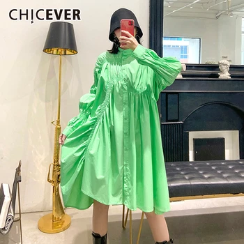 

CHICEVER Korean Ruched Dress For Women Stand Collar Puff Long Sleeve Asymmetrical Dresses Female 2020 Summer Fashion Clothes