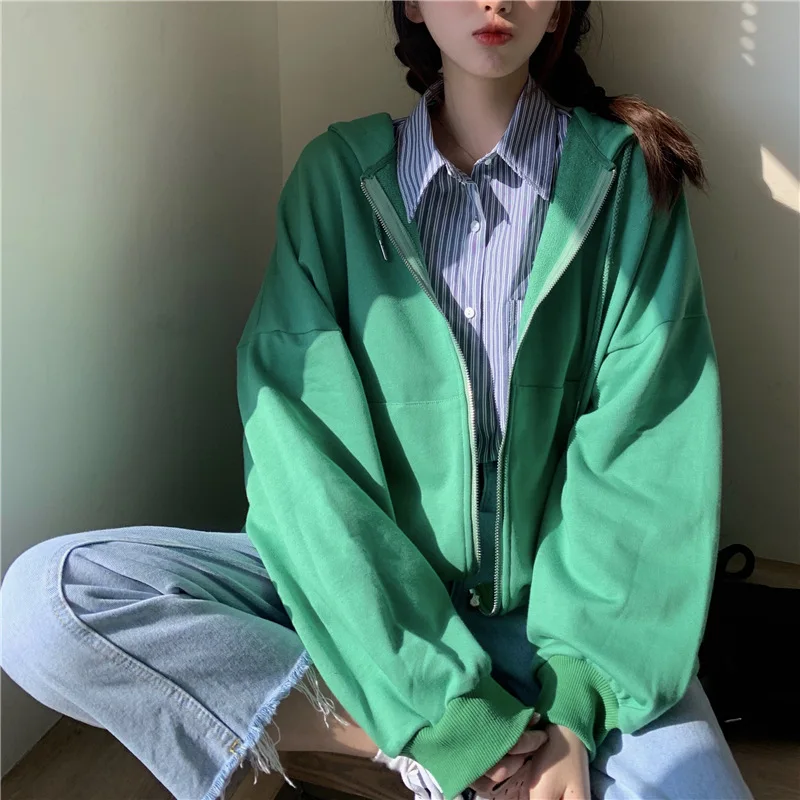 2023 Women's Autumn Hooded Zipper Top Korean Green Hoodies Harajuku  Sweatshirts Pocket Jacket Clothing Femme Hoodie Streetwear - AliExpress