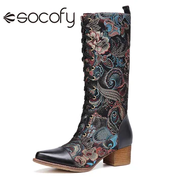 

SOCOFY Women Flower Embroidery Knee High Boots Cow Leather Warm Lined Shoes Casual Outdoor Flat Shoes Botas Mujer 2020