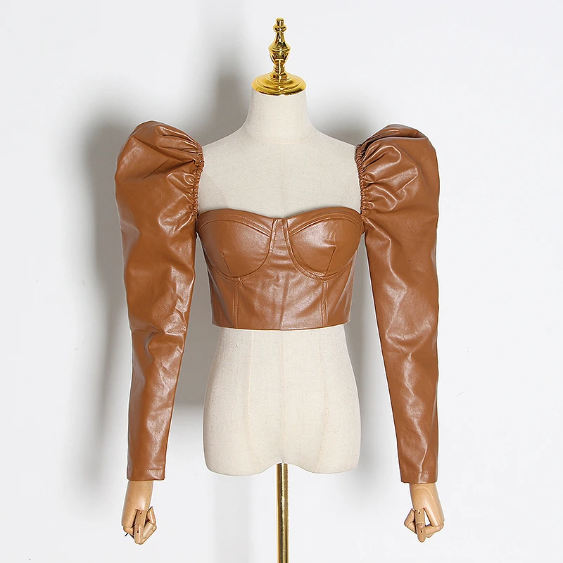 Skup TWOTWINSTYLE Vintage krótki Backless damska bluzka kwadratowy kołnierzyk Puff tunika na długi rękaw koszule kobieta moda 2019 odzież fala