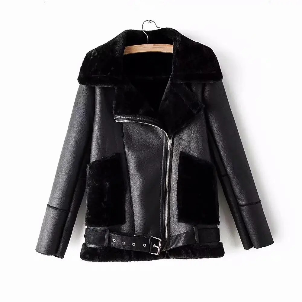 

Fur Faux Leather Jacket Coat Pockets Women With Belt Turn Down Collar Overcoat Winter Thick Black Warm Oversized Coat