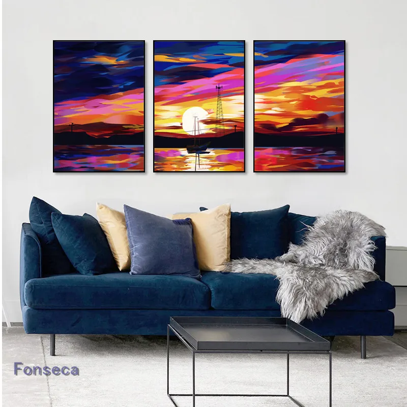 3 Pieces Sunset Clouds Landscape Canvas Painting Natural Sea Beach Sailboat Poster Abstract Wall Art Pictures Nordic Home Decor | Дом и сад