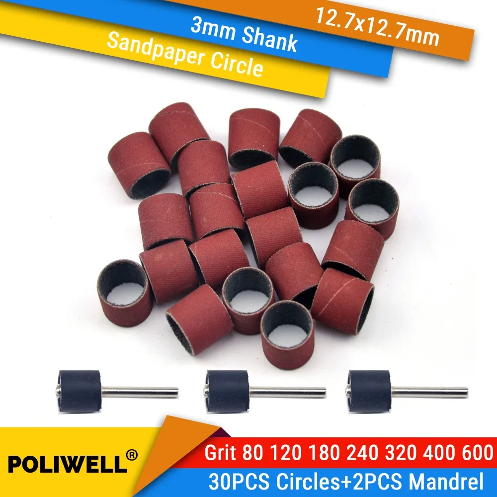 30Pcs Cylindrical Sandpaper Circles+3 Pcs 3mm Shank 1/2 Inch Grinding Wheels Polishing Sanding Bands Drill Tools Accessories