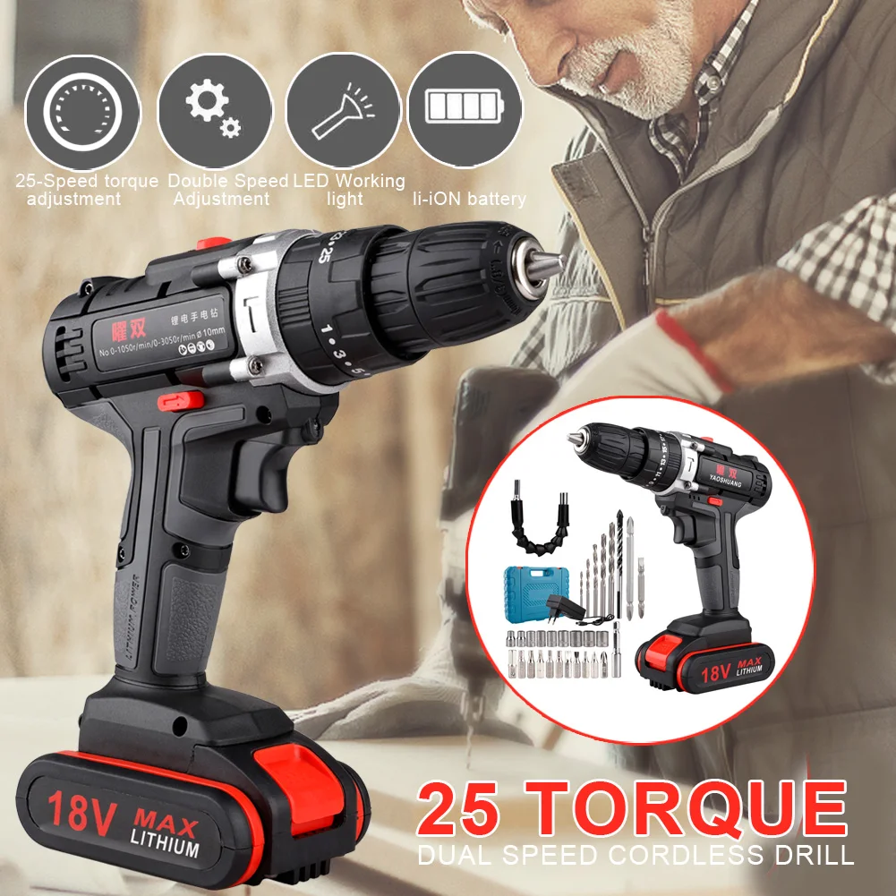 EU/US/UK Plug18V 2 Скорость аккумуляторная ударная Ударная дрель Мощность дрель драйверы Мощность Сверла Набор отверток с Пластик чехол