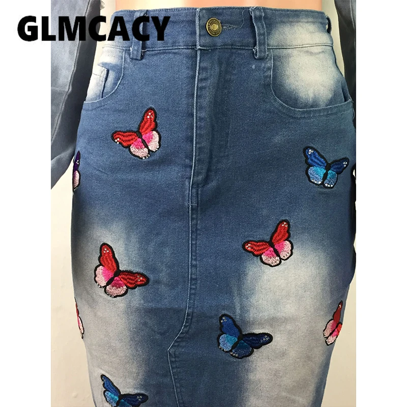 Для женщин с вышивкой в виде бабочек и джинсовая облегающая юбка с рваными краем разрез Облегающая джинсовая юбка-карандаш длинные Saia джинсы плавки