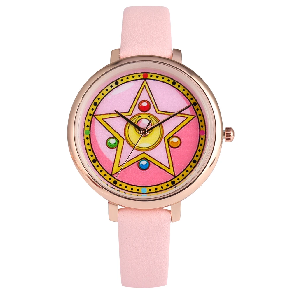 Women's Quartz Watches Sailor Moon Pattern Girls Watch Luxury Mesh/Leather Strap Ladies Wristwatch Clock Nice Gift Reloj Mujer - Цвет: model 3 leather band