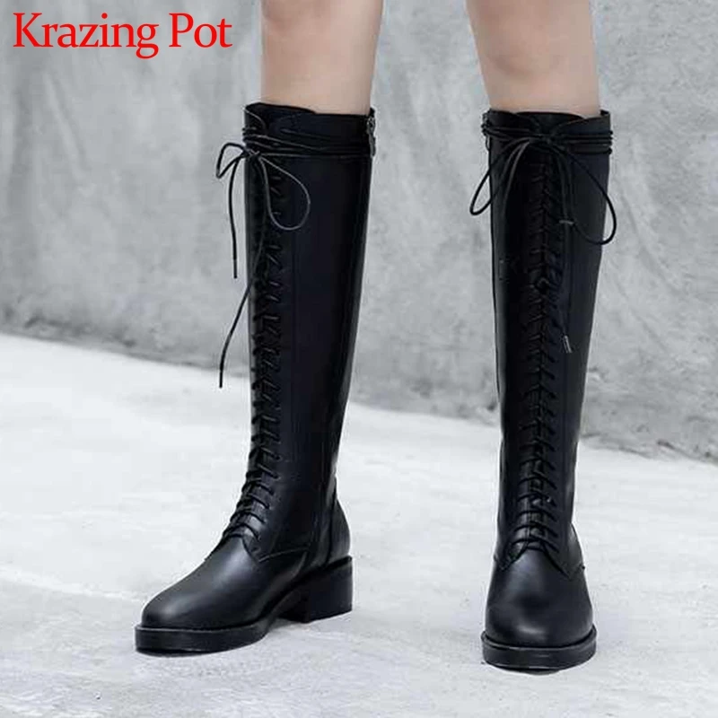

Krazing Pot British lace up knight boots genuine leather round toe med heels winter warm women classic brand knee high boots L91