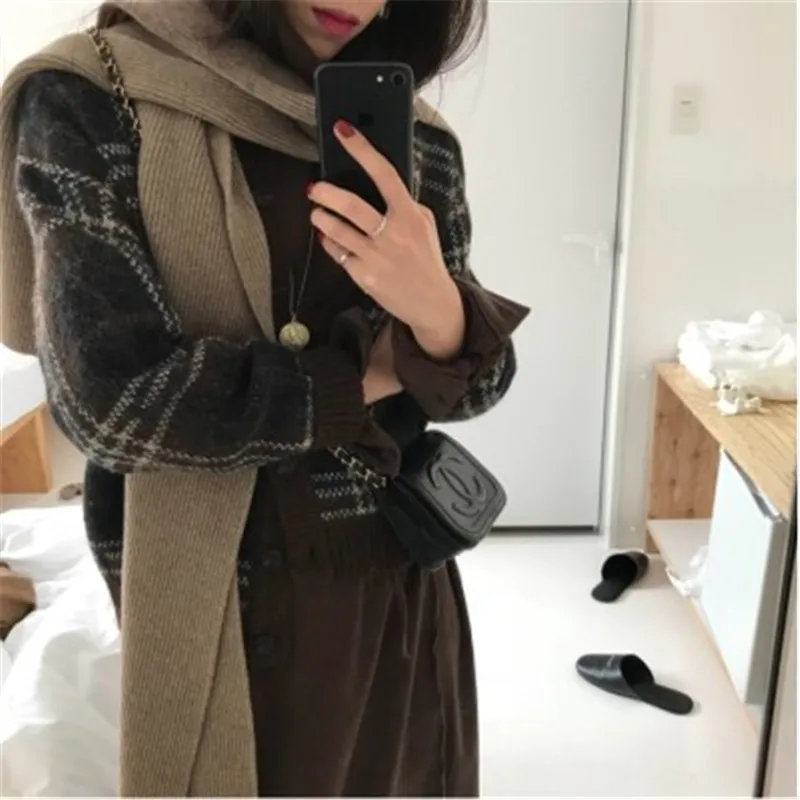 

Sweater Casual Women 2020 Korean Style Vintage O-neck Plaid Knitted Carigans Color Blocking Warm Jumper Winter