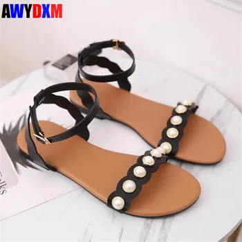 

Women sandals 2020 summer fashion pearl flat sandals shoes women buckle beach dress shoes female Non-slip Sandalias mujer S275