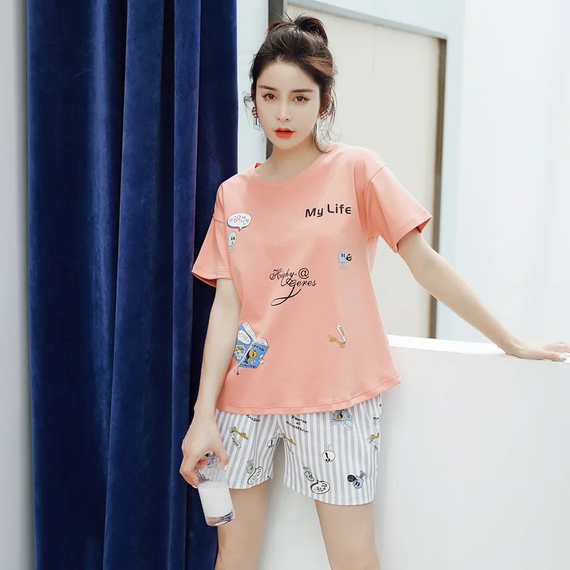 

2232 Summer Pajamas WOMEN'S Suit Short Sleeve Two-Piece Set Pure Cotton-Outer Wear Loose-Fit Korean-style Fresh Students Home We