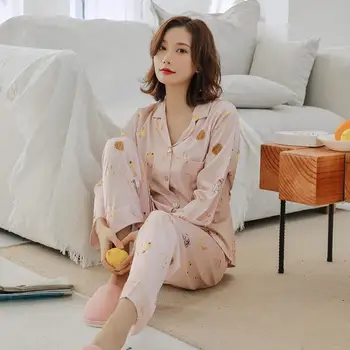 

Silky Sleepwear Lady Pajamas 2PCS Shirt&Pants Satin Print Nightwear Casual Intimate Lingerie Pyjamas Spring New Homewear