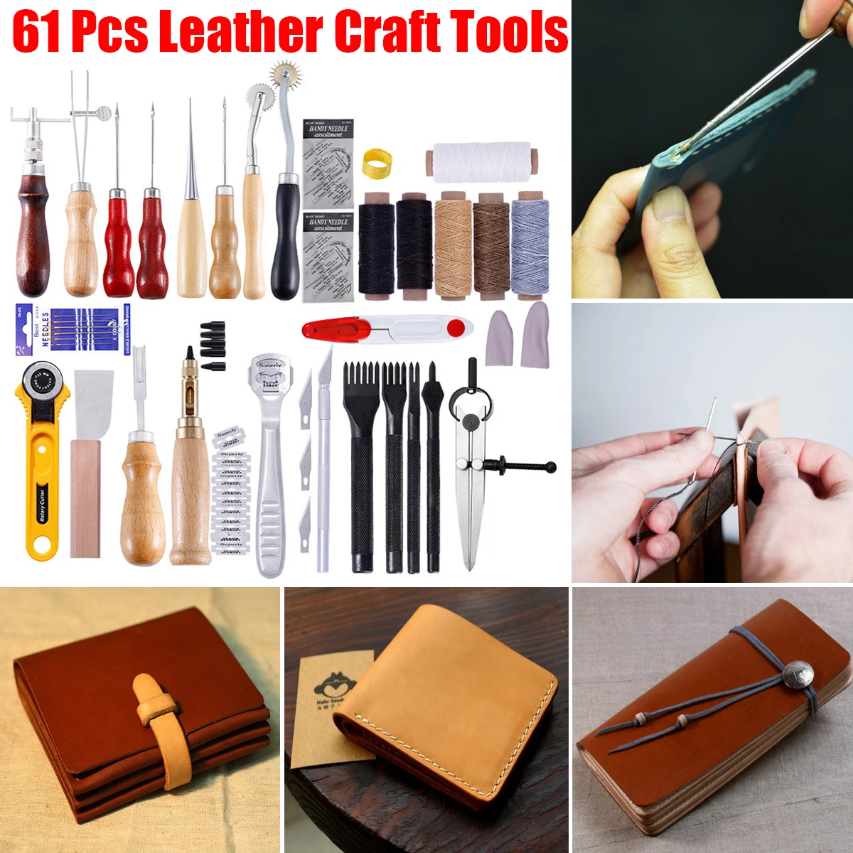 61 PCs Leather Craft Sewing Punch  Cutter Carving Working Stitching Tool Kit 
