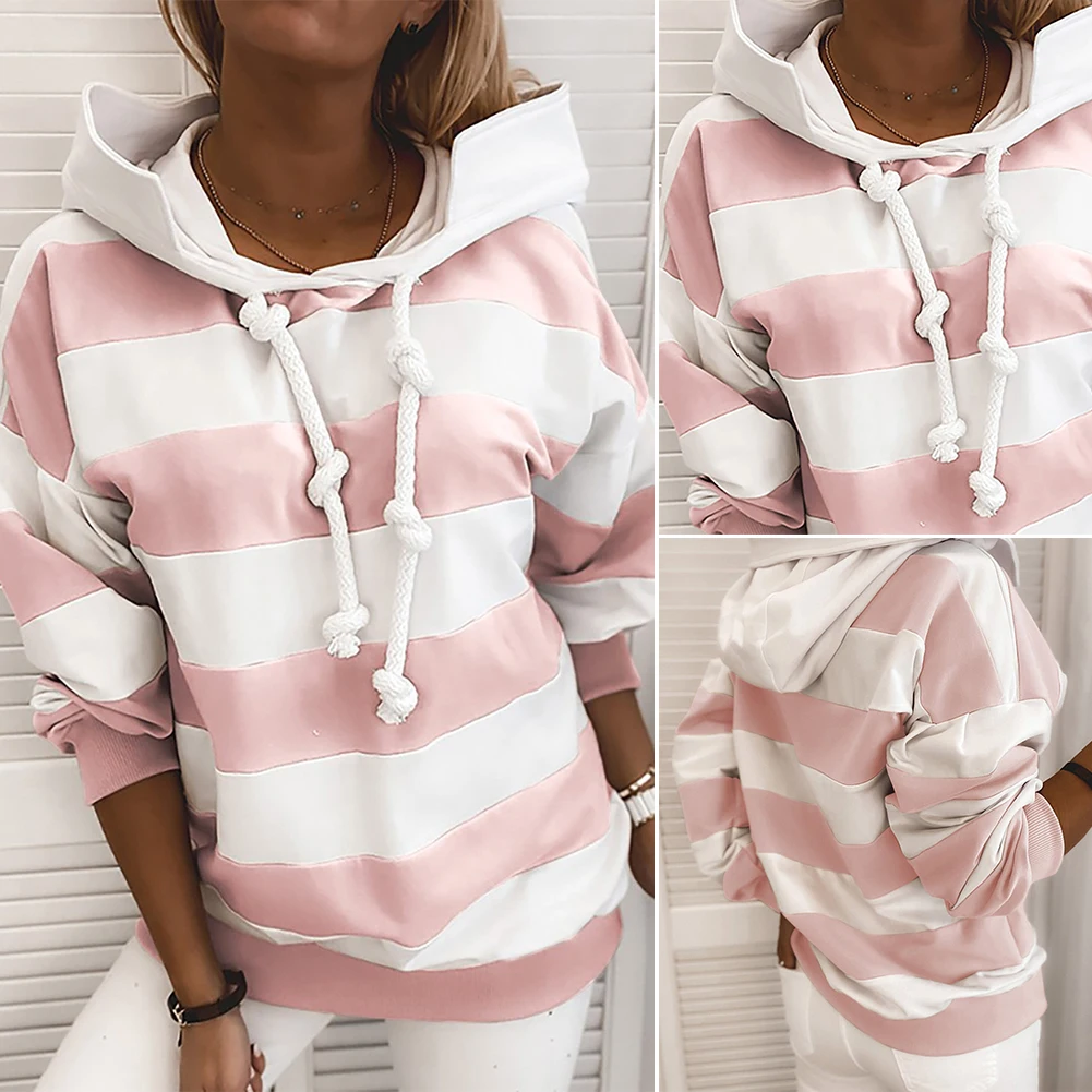 Women Casual Autumn Stripes Color Block Drawstring Hood Sweatshirt Hoodie Blouse Hand Wash with Hood Regular Polyester Spandex
