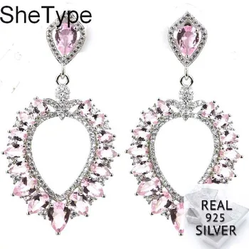 

50x27mm Romantic 8.1g Created Pink Kunzite White CZ 925 Solid Sterling Silver Earrings