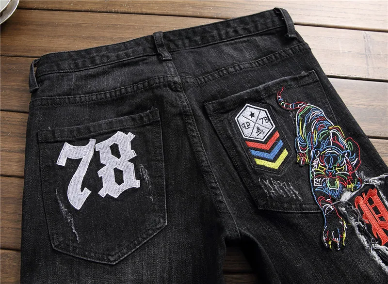 Xiu Luo брендовые Дизайнерские мужские облегающие мужские джинсы повседневные рваные с черепом тигра вышитые нашивки стрейч джинсовые брюки