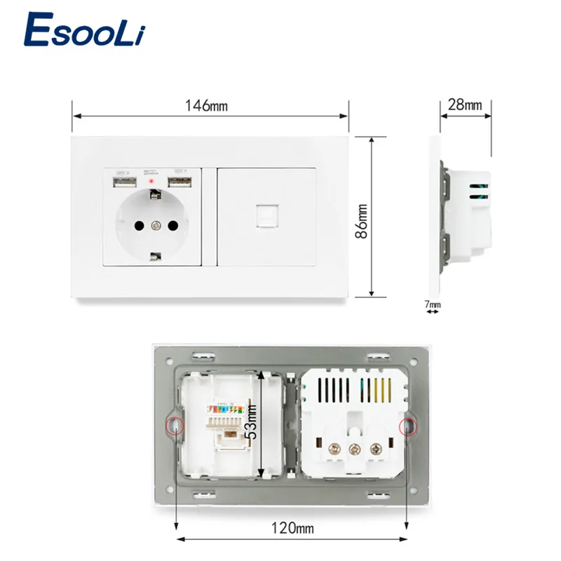 Esooli PC пластиковая панель настенная розетка стандарта ЕС 2 порта USB для зарядки