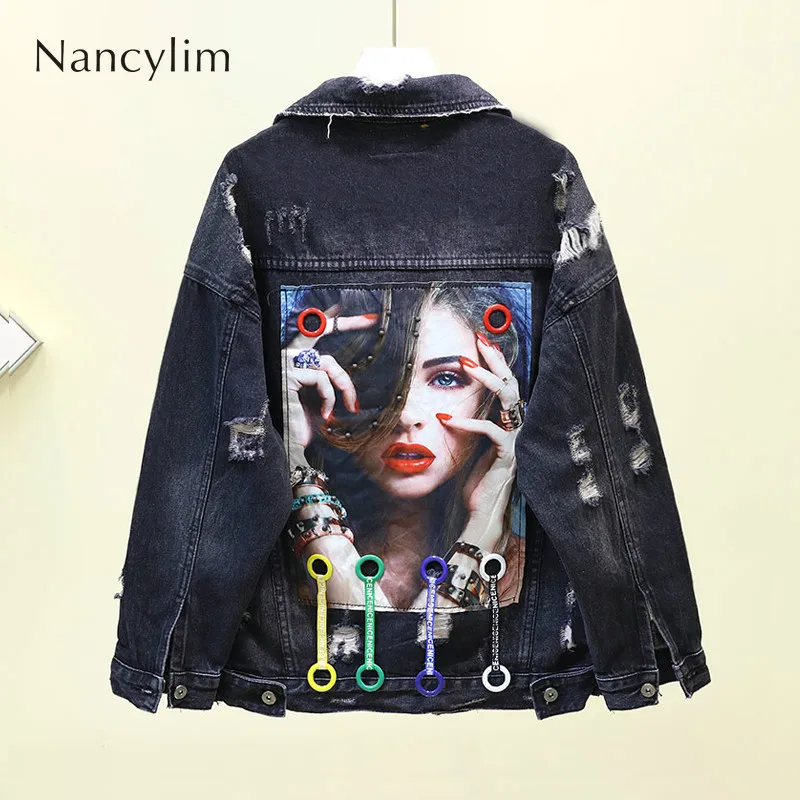 

Autumn Hole Black Denim Jacket for Woman New Personality Street Denim Jacket Women's Patch Holes Loose Joker BF Jeans Coat