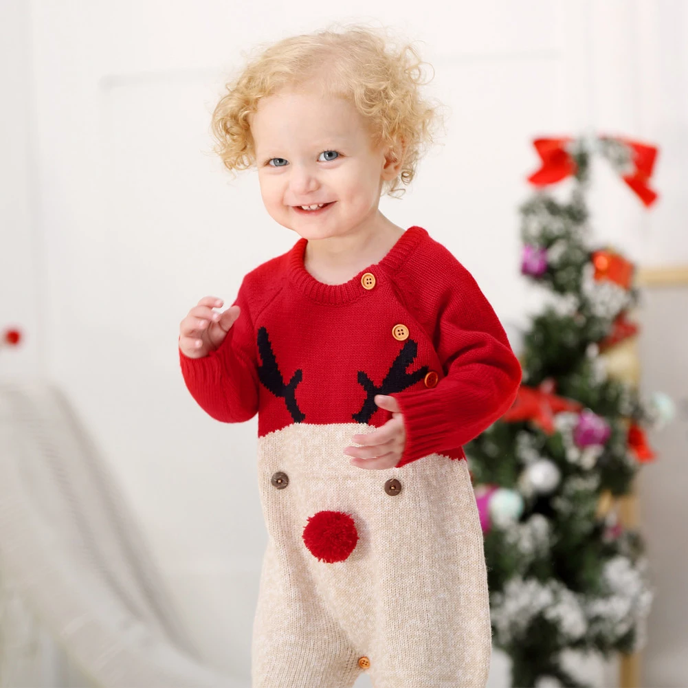 Нарядный Рождественский шерстяной детский вязаный детский комбинезон, свитер зимний теплый комбинезон с длинными рукавами и изображением Санта-Клауса, рождественского оленя, трикотажная одежда для девочки