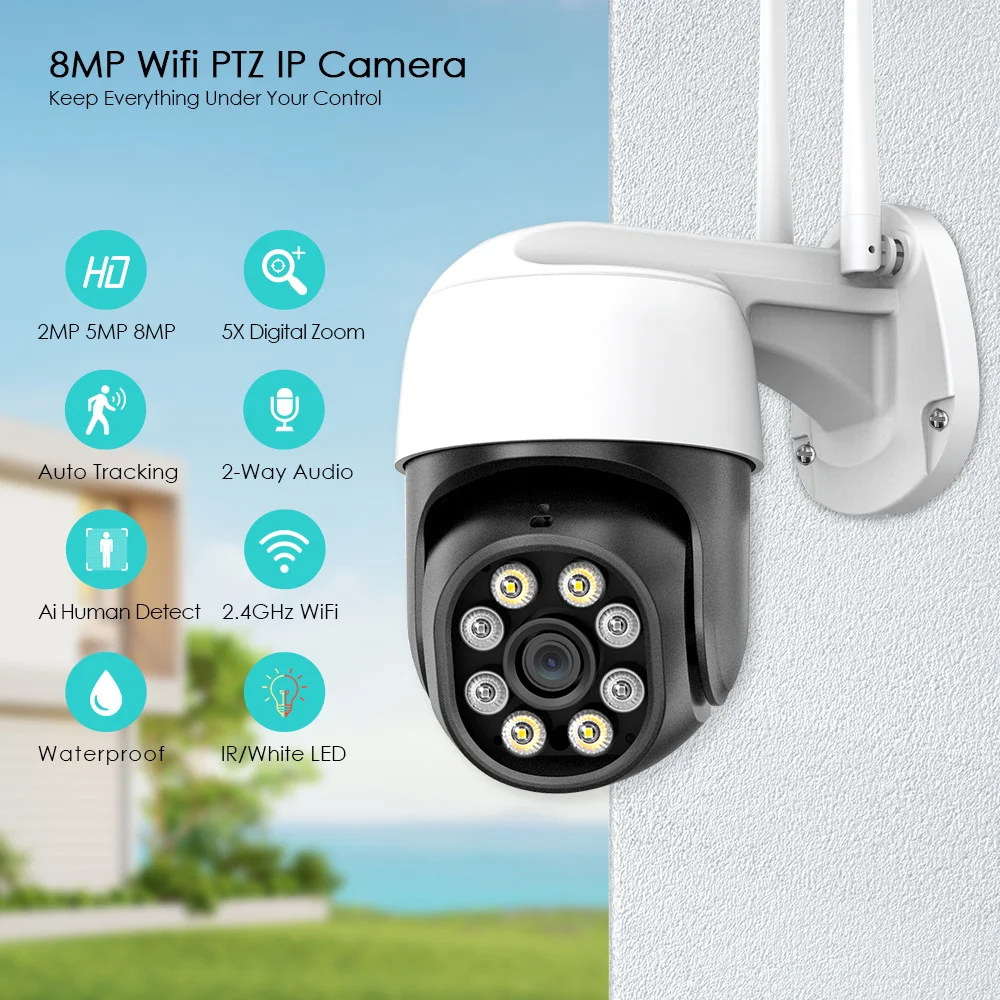 4K 8MP PTZ Outdoor WiFi IP Camera 1080P H.265  Wireless 5X Digital Zoom Auto Tracking Night Vision Surveillance Security Camera