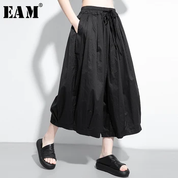

[EAM] High Elastic Waist Black Pleated Wide Leg Long Trousers New Loose Fit Pants Women Fashion Tide Spring Autumn2020 1W765