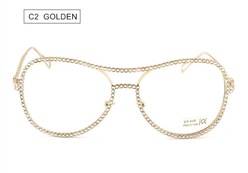SUMONDY Upscale Rhinestone Glasses Frame Women Imitation Pearl Plain Glass Spectacles Lady's Trendsetter Fashion Sunglasses UF64 - Цвет оправы: C2  GOLDEN
