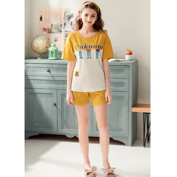 

2020 Pajamas Women's Summer Korean-style Pure Cotton Short Sleeve Sweet Simple Cute Students Homewear Set-Outer Wear pajama set