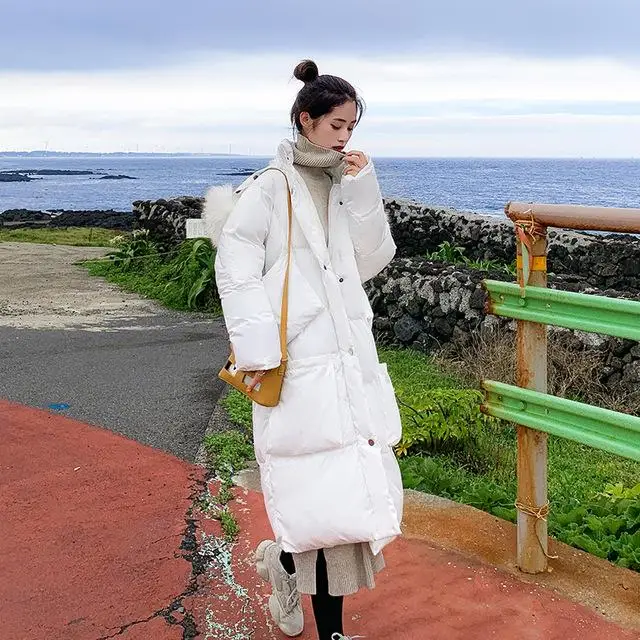 Модная женская зимняя куртка с большим карманом, с хлопковой подкладкой, теплая, плотная, с большим меховым воротником, для девушек, длинное пальто, парка, женские куртки - Цвет: Белый