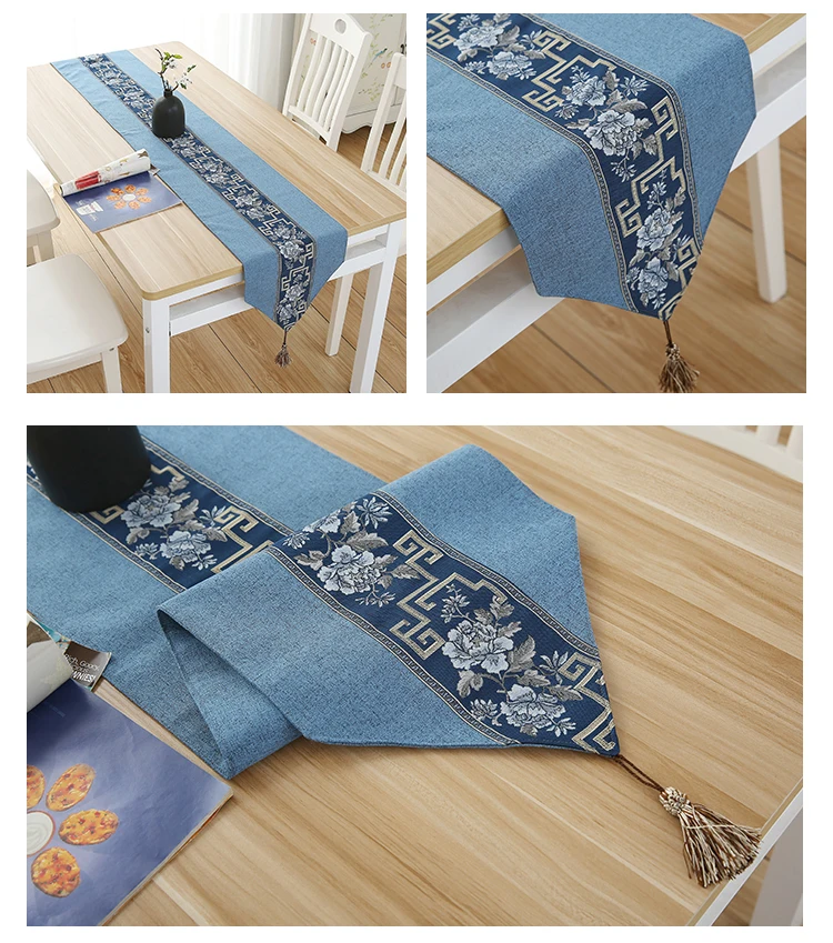 Retro Blue and White Porcelain Dining Flag Table Cloth Linen Table Runner Shoe Cabinet chemin de table tafelloper arpillera L03
