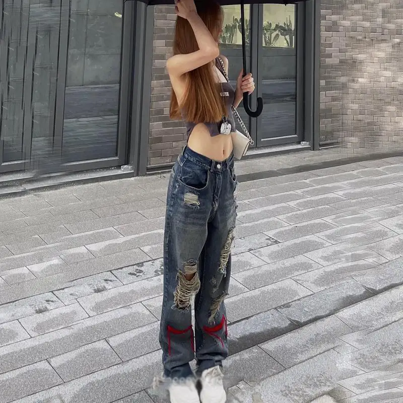Vintage Ripped Jeans Denim Hippie Pants Hip Hop Do Old Straight Leg Jeans Women Low Waist Grunge Pants Hole Streetwear y2k Jeans