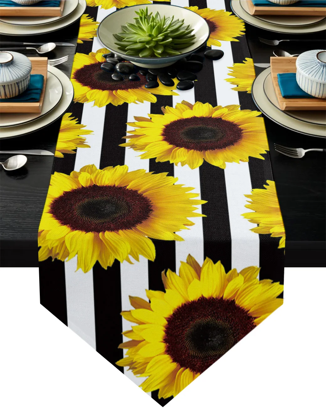 Скатерть в черно-белую полоску с подсолнухом скатерть коврик для стола домашний