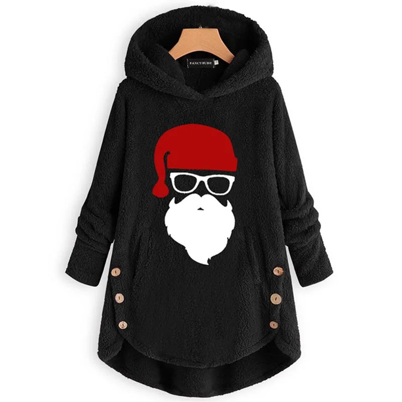 W35533BK Sudaderas de mujer, Рождественский свитер размера плюс для женщин, плюшевый пуловер на пуговицах, топы с капюшоном, шерсть, Санта Клаус, свободная одежда - Цвет: W35533BK