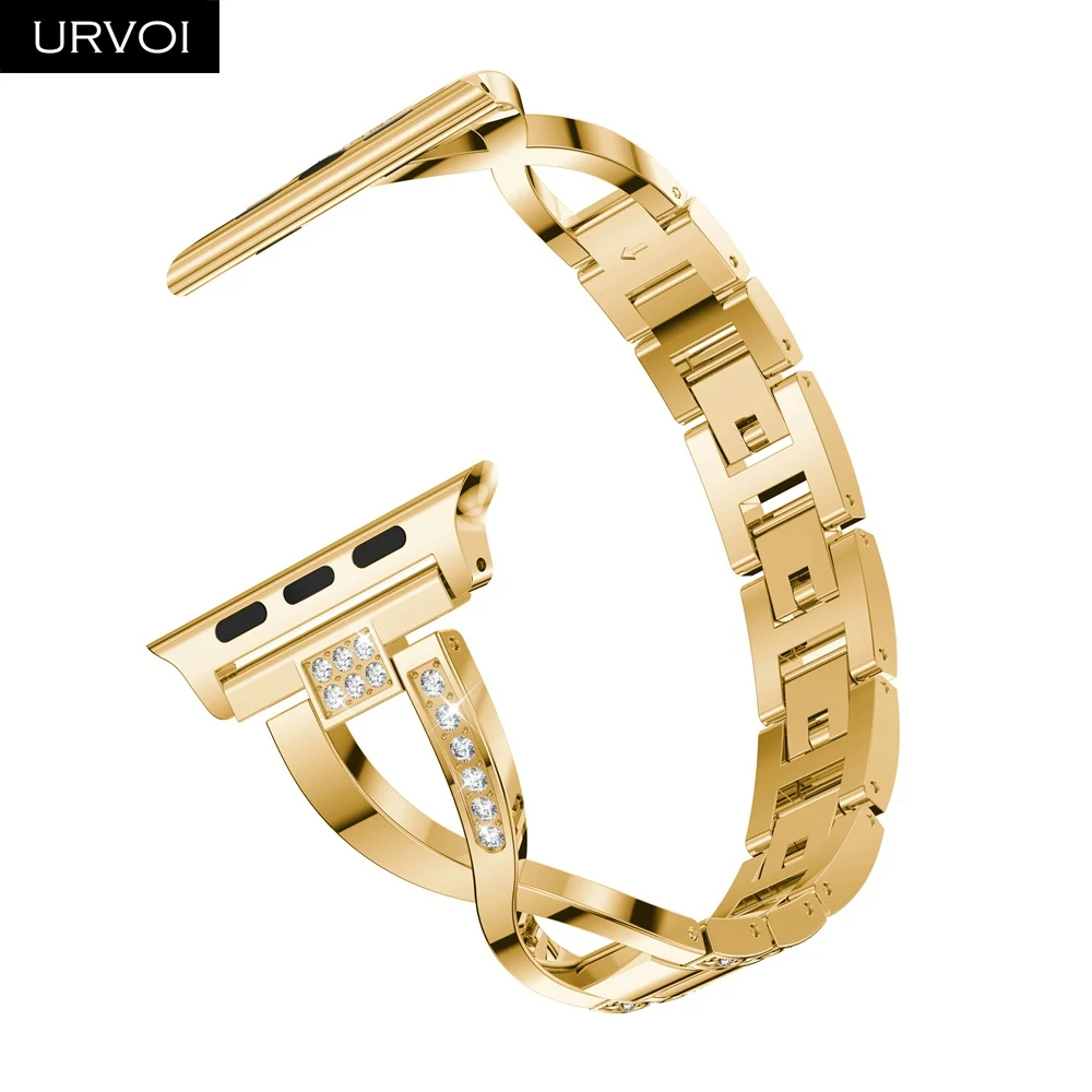 Gold URVOI link браслет для apple watch 4 3 ремешок для iwatch из нержавеющей стали 40 мм 44 мм страз модный дизайн для девочек цепь - Цвет ремешка: Gold