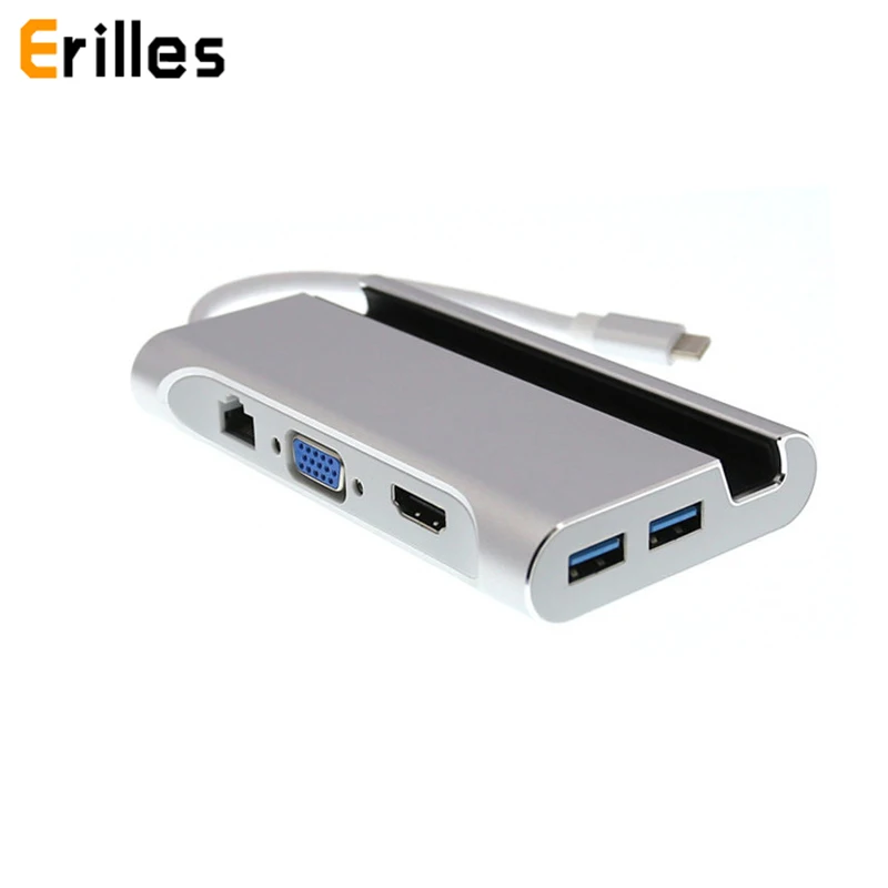 USB Type C 3.1 Gen 1 to 4K HDMI 1080P VGA Video Hub 1000M RJ45 USB 3.0 USBC PD Metal Shell Holder D