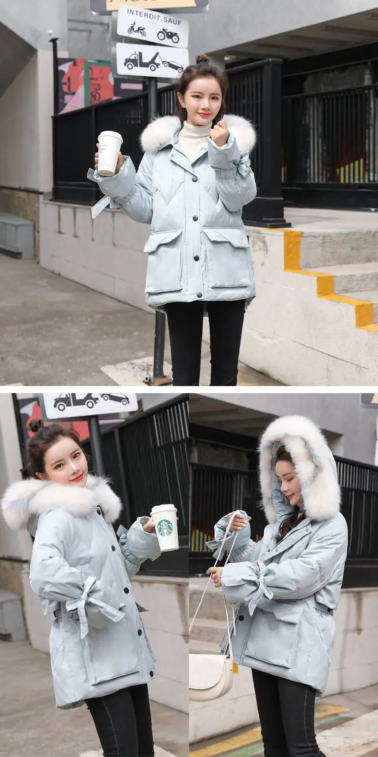 Women Winter White Duck Down Winter Jacket Big Natural Fox Fur Collar Hooded Parkas Coat Female Warm Casual OutERwear N145