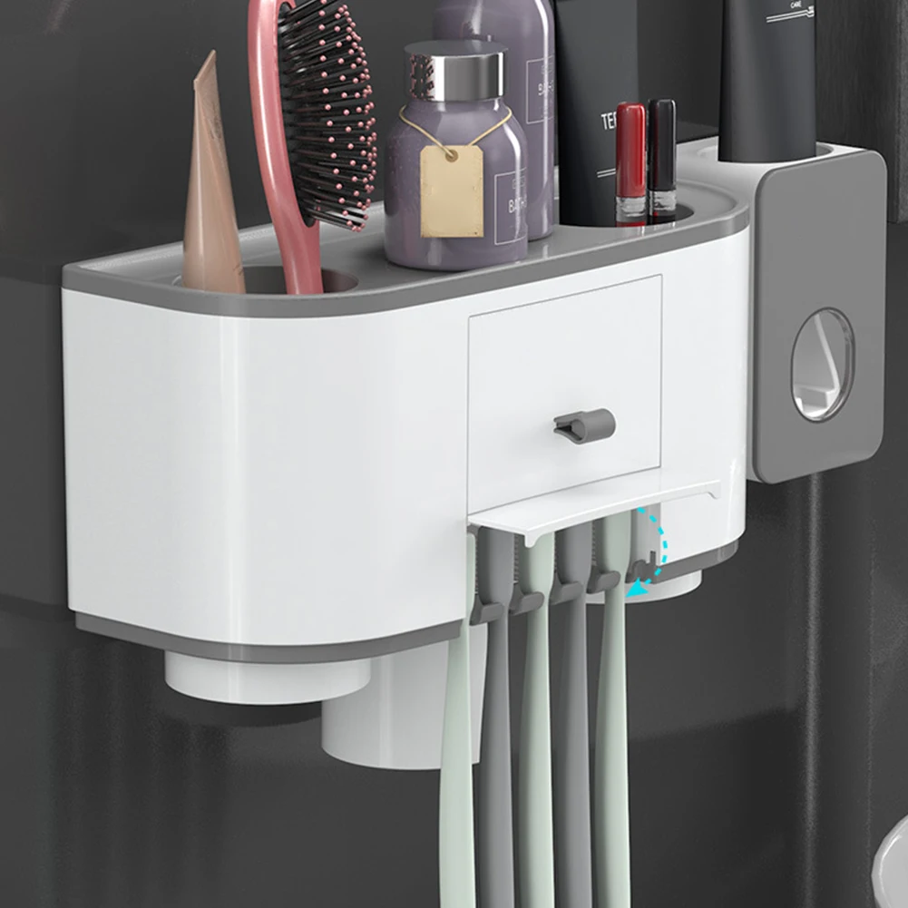 Durable Toothpaste Dispenser Dustprooof Magnetic Adsorption Wall Mount Drill-free Home Easy Clean Toothbrush Holder Set Bathroom