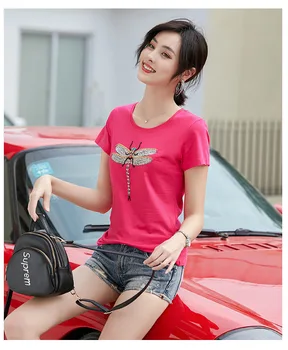 

2020 WOMEN T-shirt female short-sleeved summer one generation of women's clothing Korean version of the beaded dragonfly